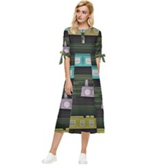 Narrow-boats-scene-pattern Bow Sleeve Chiffon Midi Dress