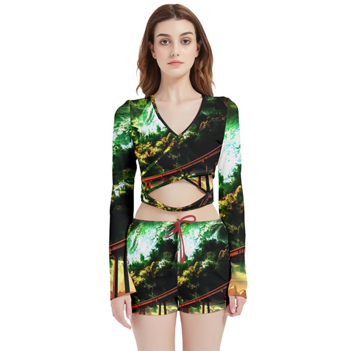 Science-fiction-forward-futuristic Velvet Wrap Crop Top and Shorts Set