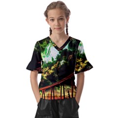 Science-fiction-forward-futuristic Kids  V-neck Horn Sleeve Blouse by Sudhe