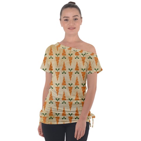 Pattern-carrot-pattern-carrot-print Off Shoulder Tie-up Tee by Sudhe