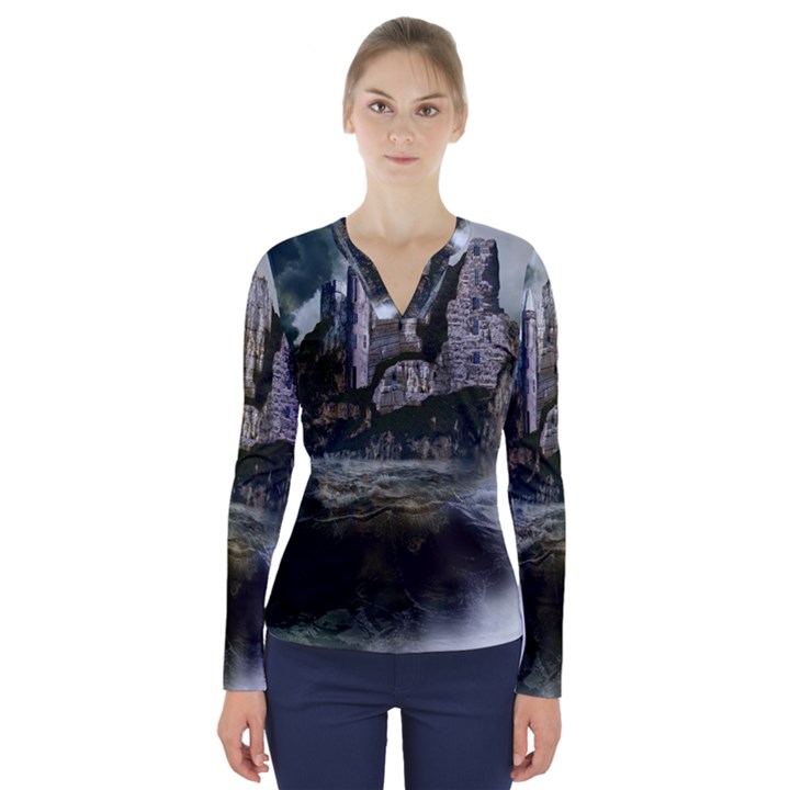 Sea-island-castle-landscape V-Neck Long Sleeve Top