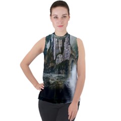 Sea-island-castle-landscape Mock Neck Chiffon Sleeveless Top by Sudhe