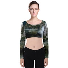 Sea-island-castle-landscape Velvet Long Sleeve Crop Top by Sudhe