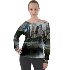 Sea-island-castle-landscape Off Shoulder Long Sleeve Velour Top by Sudhe