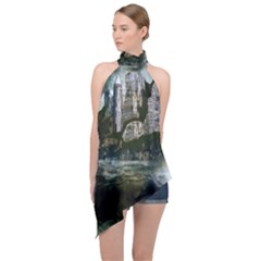 Sea-island-castle-landscape Halter Asymmetric Satin Top by Sudhe