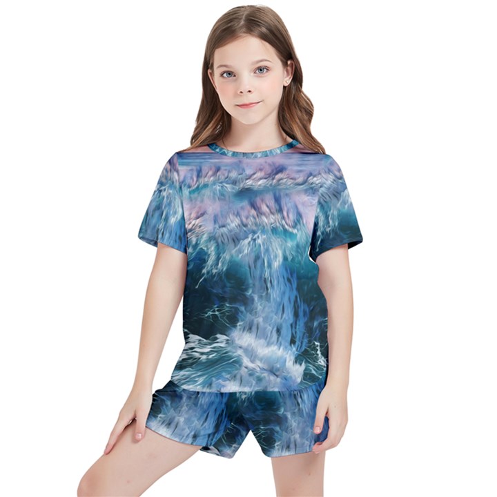 Sea-waves-ocean-water-beach-surf Kids  Tee and Sports Shorts Set