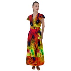 Color-background-structure-lines Flutter Sleeve Maxi Dress by Sudhe