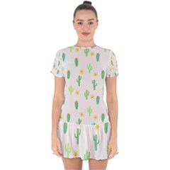 Green Cacti With Sun Drop Hem Mini Chiffon Dress by SychEva