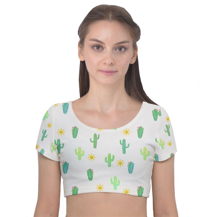 Green Cacti With Sun Velvet Short Sleeve Crop Top 