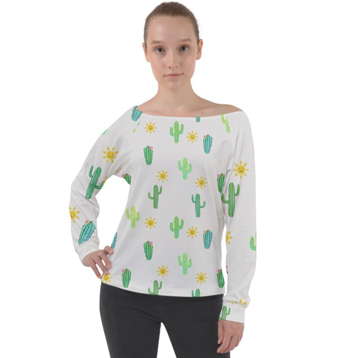 Green Cacti With Sun Off Shoulder Long Sleeve Velour Top