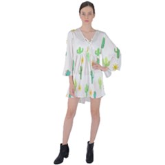 Green Cacti With Sun V-neck Flare Sleeve Mini Dress by SychEva