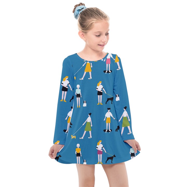 Girls Walk With Their Dogs Kids  Long Sleeve Dress