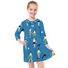 Girls Walk With Their Dogs Kids  Quarter Sleeve Shirt Dress by SychEva