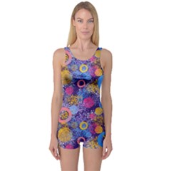 Multicolored Splashes And Watercolor Circles On A Dark Background One Piece Boyleg Swimsuit by SychEva