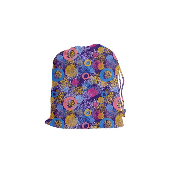 Multicolored Splashes And Watercolor Circles On A Dark Background Drawstring Pouch (Small)