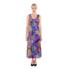 Multicolored Splashes And Watercolor Circles On A Dark Background Sleeveless Maxi Dress by SychEva