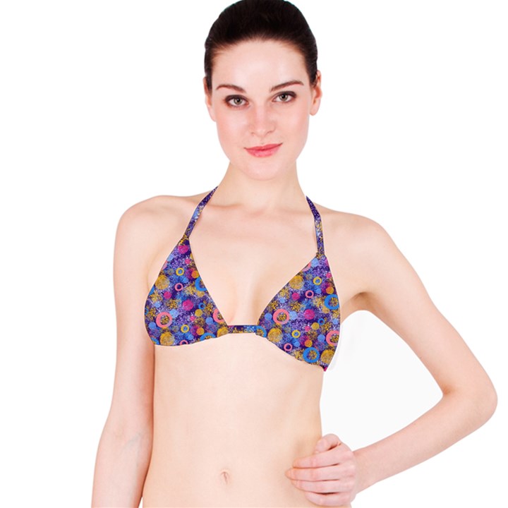 Multicolored Splashes And Watercolor Circles On A Dark Background Bikini Top