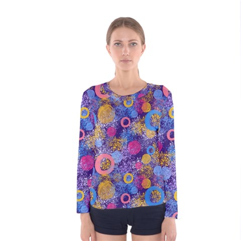 Multicolored Splashes And Watercolor Circles On A Dark Background Women s Long Sleeve Tee by SychEva