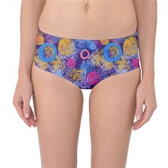 Multicolored Splashes And Watercolor Circles On A Dark Background Mid-waist Bikini Bottoms by SychEva