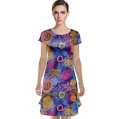 Multicolored Splashes And Watercolor Circles On A Dark Background Cap Sleeve Nightdress by SychEva