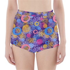 Multicolored Splashes And Watercolor Circles On A Dark Background High-waisted Bikini Bottoms by SychEva