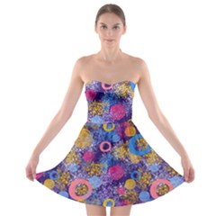 Multicolored Splashes And Watercolor Circles On A Dark Background Strapless Bra Top Dress by SychEva