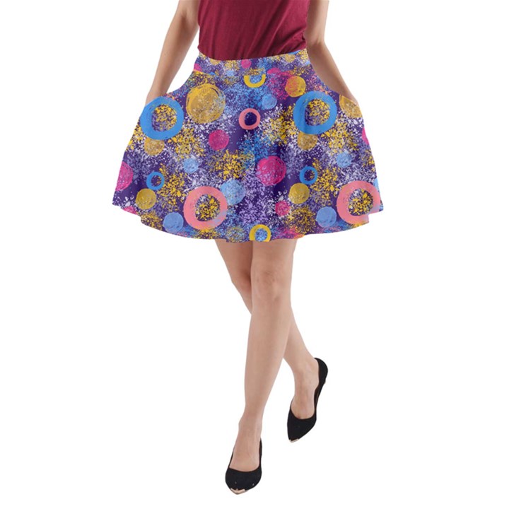 Multicolored Splashes And Watercolor Circles On A Dark Background A-Line Pocket Skirt