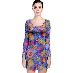 Multicolored Splashes And Watercolor Circles On A Dark Background Long Sleeve Velvet Bodycon Dress by SychEva