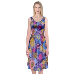 Multicolored Splashes And Watercolor Circles On A Dark Background Midi Sleeveless Dress by SychEva