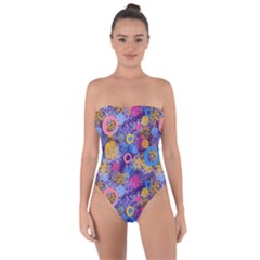 Multicolored Splashes And Watercolor Circles On A Dark Background Tie Back One Piece Swimsuit by SychEva