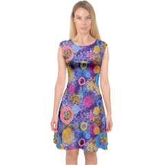 Multicolored Splashes And Watercolor Circles On A Dark Background Capsleeve Midi Dress by SychEva