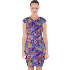 Multicolored Splashes And Watercolor Circles On A Dark Background Capsleeve Drawstring Dress  by SychEva