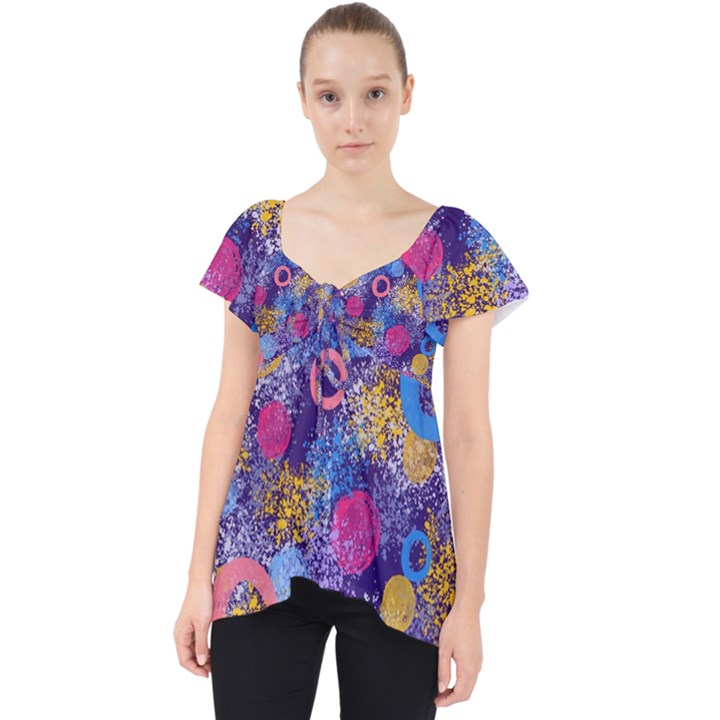 Multicolored Splashes And Watercolor Circles On A Dark Background Lace Front Dolly Top