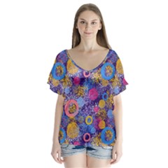 Multicolored Splashes And Watercolor Circles On A Dark Background V-neck Flutter Sleeve Top by SychEva