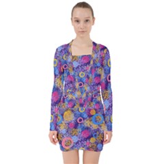 Multicolored Splashes And Watercolor Circles On A Dark Background V-neck Bodycon Long Sleeve Dress by SychEva