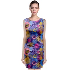 Multicolored Splashes And Watercolor Circles On A Dark Background Sleeveless Velvet Midi Dress by SychEva