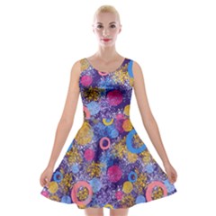 Multicolored Splashes And Watercolor Circles On A Dark Background Velvet Skater Dress by SychEva