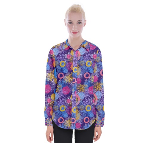 Multicolored Splashes And Watercolor Circles On A Dark Background Womens Long Sleeve Shirt by SychEva