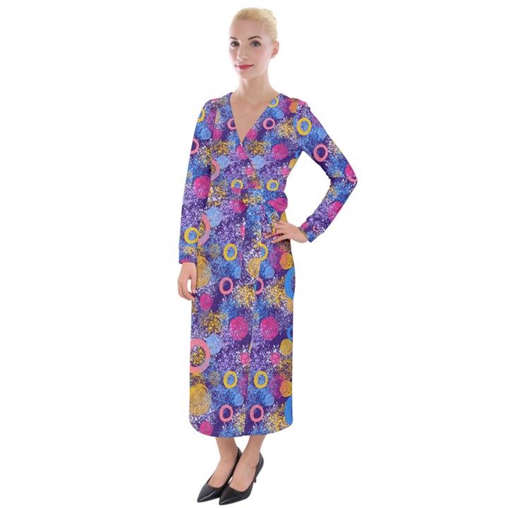 Multicolored Splashes And Watercolor Circles On A Dark Background Velvet Maxi Wrap Dress