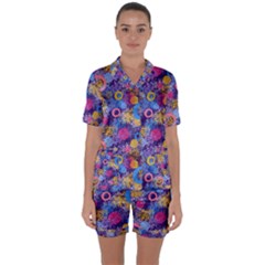 Multicolored Splashes And Watercolor Circles On A Dark Background Satin Short Sleeve Pajamas Set by SychEva