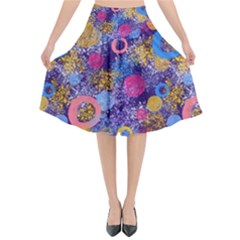 Multicolored Splashes And Watercolor Circles On A Dark Background Flared Midi Skirt by SychEva