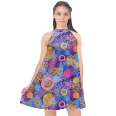 Multicolored Splashes And Watercolor Circles On A Dark Background Halter Neckline Chiffon Dress  by SychEva