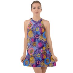 Multicolored Splashes And Watercolor Circles On A Dark Background Halter Tie Back Chiffon Dress by SychEva