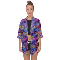 Multicolored Splashes And Watercolor Circles On A Dark Background Open Front Chiffon Kimono by SychEva