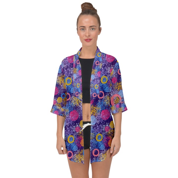 Multicolored Splashes And Watercolor Circles On A Dark Background Open Front Chiffon Kimono