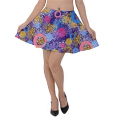 Multicolored Splashes And Watercolor Circles On A Dark Background Velvet Skater Skirt by SychEva