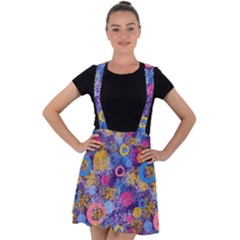 Multicolored Splashes And Watercolor Circles On A Dark Background Velvet Suspender Skater Skirt by SychEva