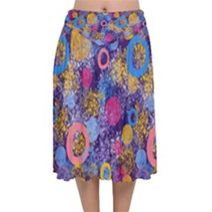 Multicolored Splashes And Watercolor Circles On A Dark Background Velvet Flared Midi Skirt by SychEva