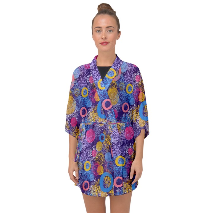 Multicolored Splashes And Watercolor Circles On A Dark Background Half Sleeve Chiffon Kimono