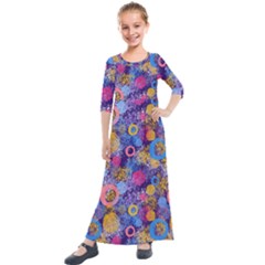 Multicolored Splashes And Watercolor Circles On A Dark Background Kids  Quarter Sleeve Maxi Dress by SychEva